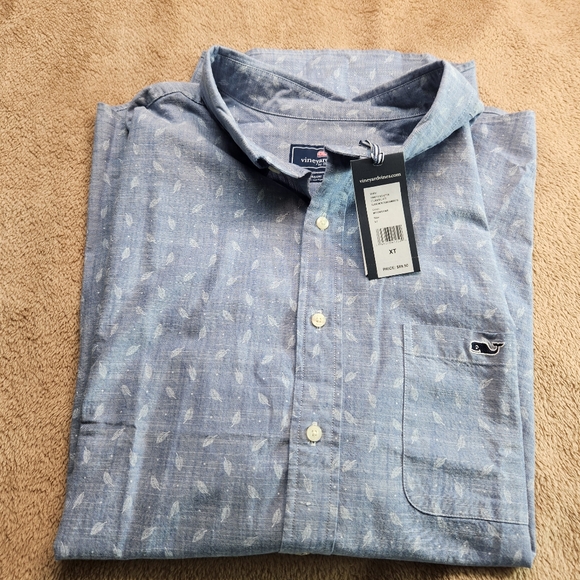 Vineyard Vines NWT Classic Fit SS Micro Palm Chambray Casuel Button Down Shirt. - Picture 8 of 15